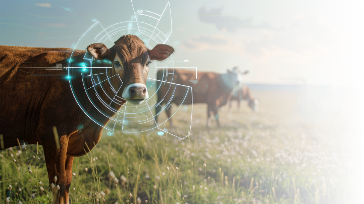 Green field of grazing brown cows, one of which has a blue circular digital mapping around it's face.