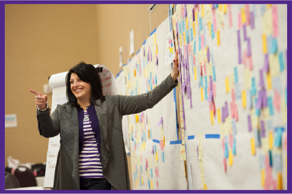 Woman smiling and pointing towards the seated team as she reviews a whiteboard of sticky note memos.
